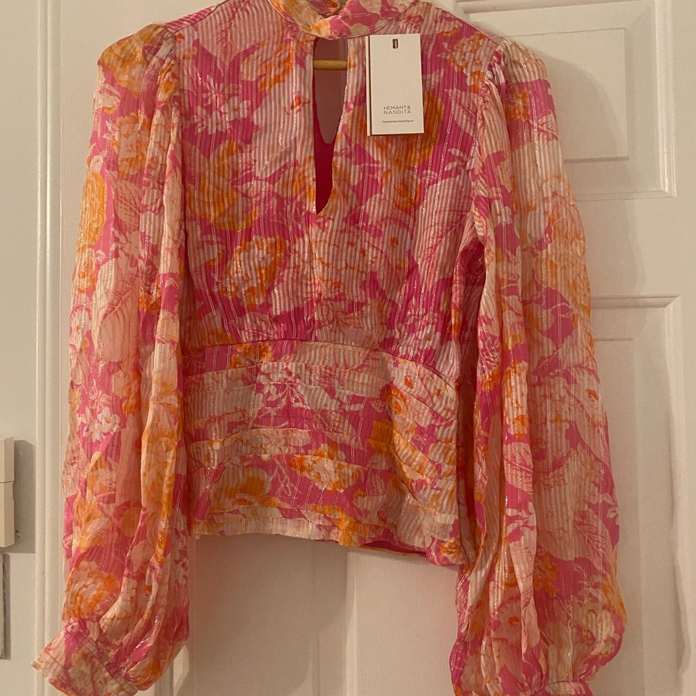 NWT - HEMANT & NANDITA Pink and Orange Floral Long-Sleeve Blouse fit like XS